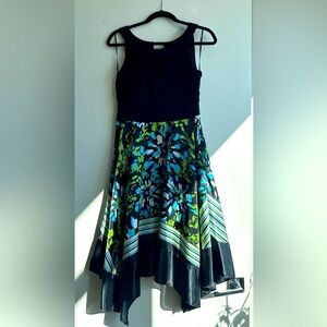 Silky Handkerchief Hem Dress Keyhole Opening Black /Multi Size 14